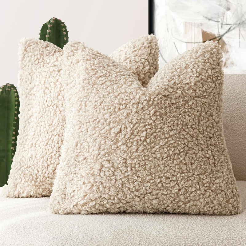 Foindtower 2 Pieces Faux Fur Throw Pillow Cover Decorative Sherpa Pillow Fuzzy Accent Pillowcases Soft Sheepskin Fleece Cushion Case for Bed Couch Living Room 26x26 Inch Oatmeal - Image 1